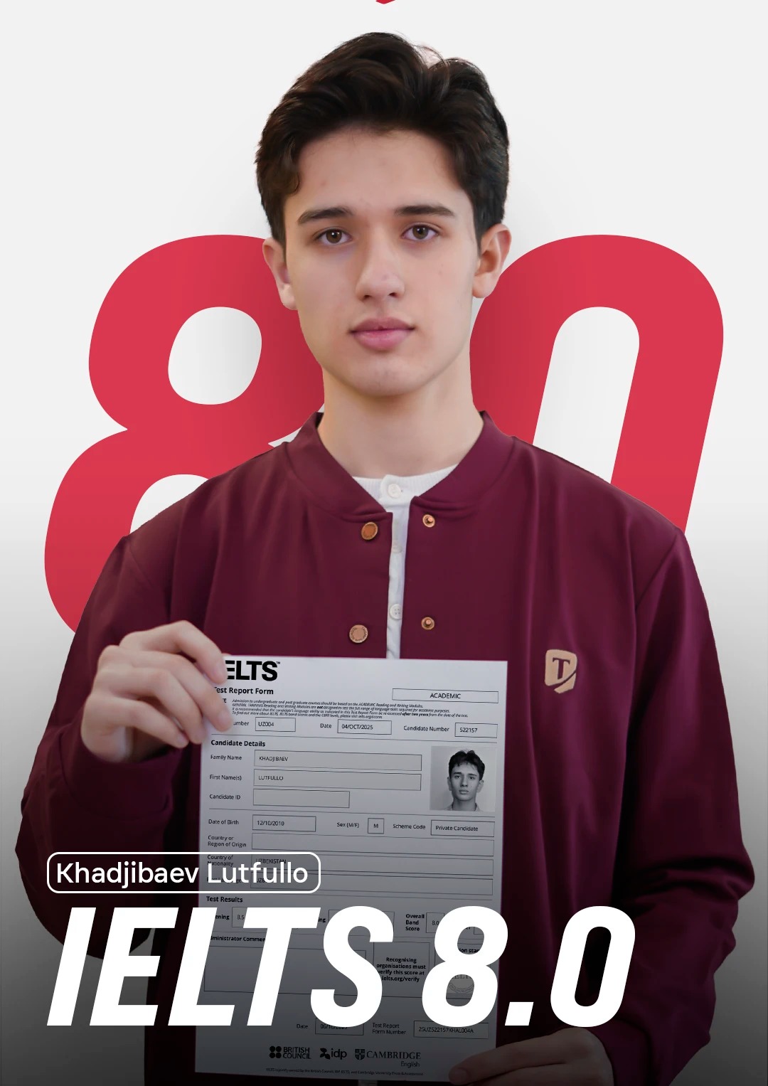 Xadjibayev Lutfullo, IELTS 8.0