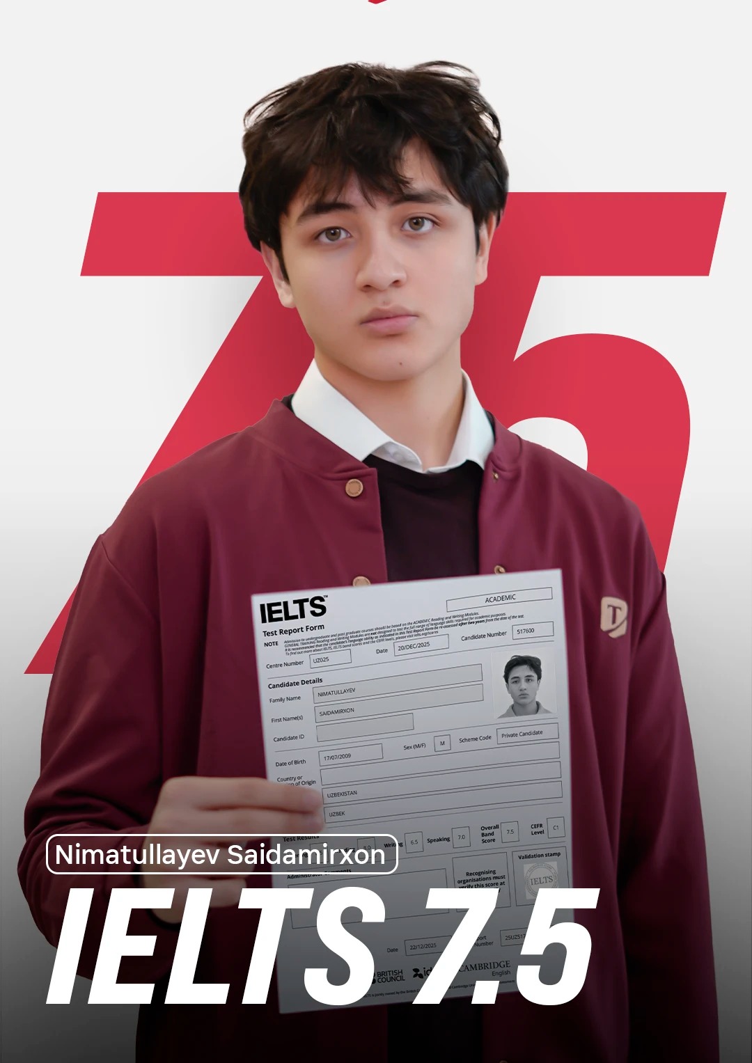 Nimatullayev Saidamirxon, IELTS 7.5